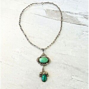 Unsigned Peruzzi Filigree Pendant Necklace Chrysoprase Green Mottled Glass Cabs